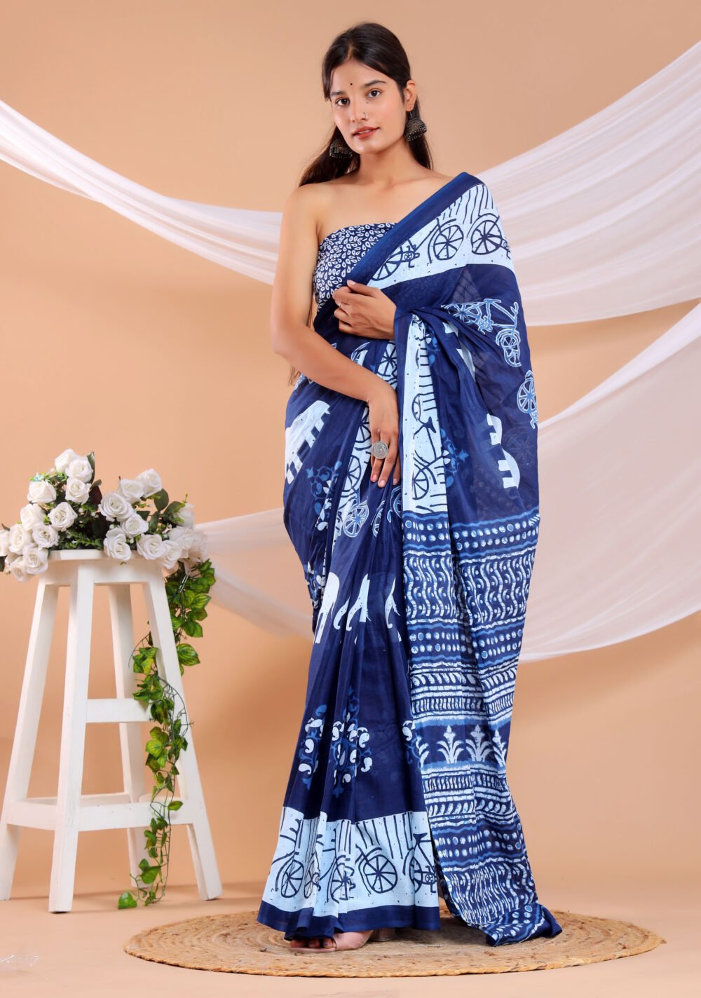 Blue cycle -Printed pure cotton Mulmul saree with blouse