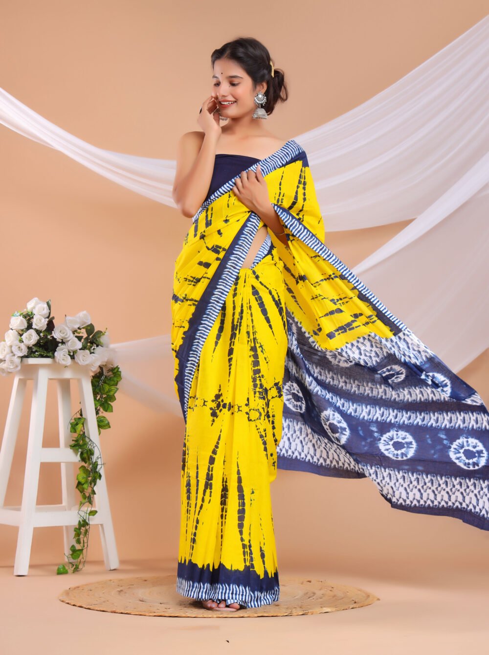 Yellow and blue shibori -Printed pure cotton Mulmul saree with blouse