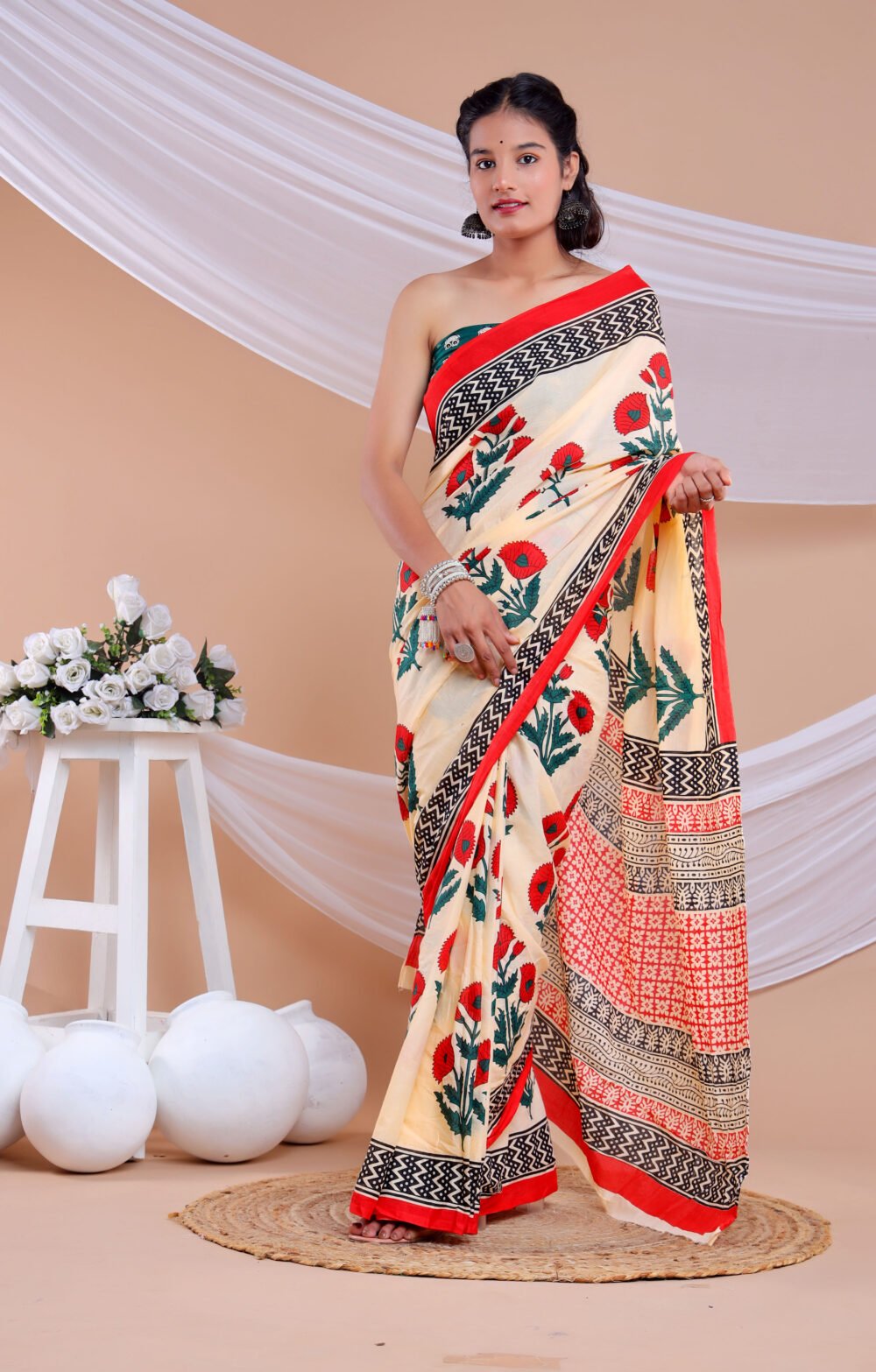 Cream red flower ullu-Printed pure cotton Mulmul saree with blouse