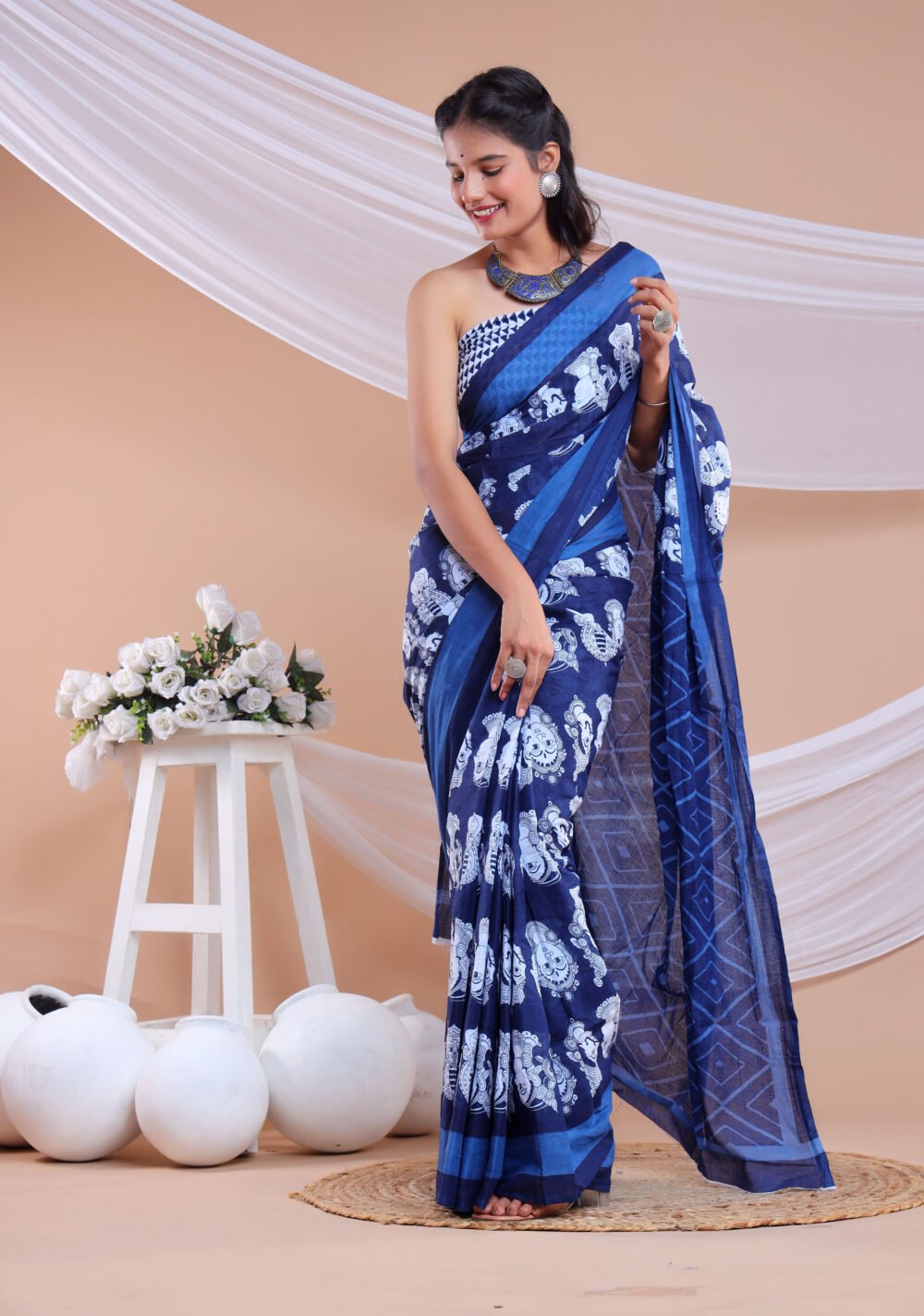 IndiGo mukhota-Printed pure cotton Mulmul saree with blouse