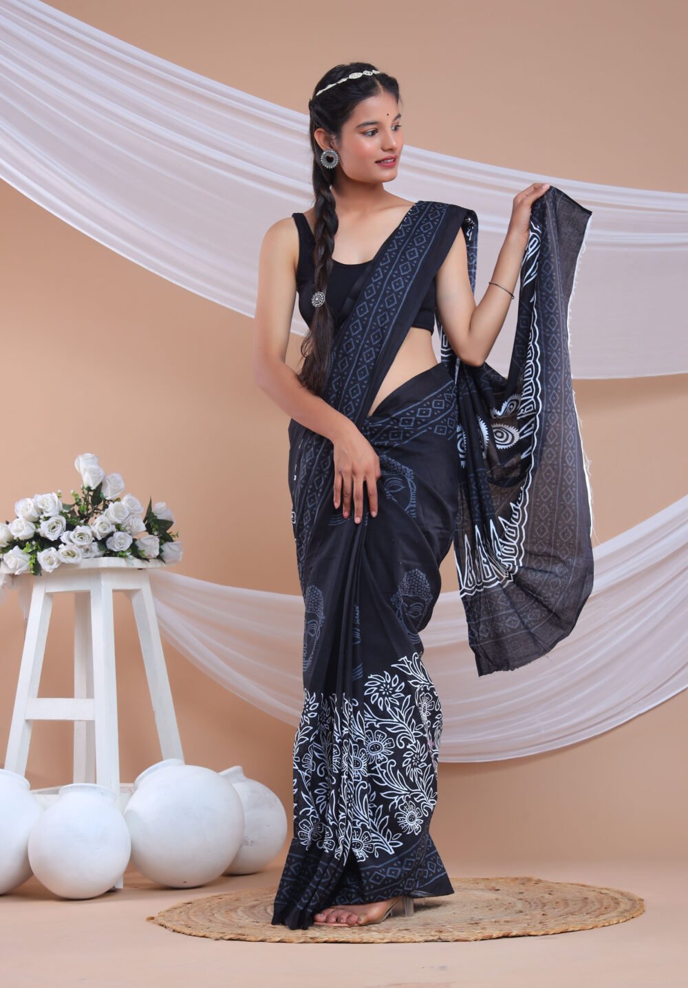 Black Buddha-Printed pure cotton Mulmul saree with blouse