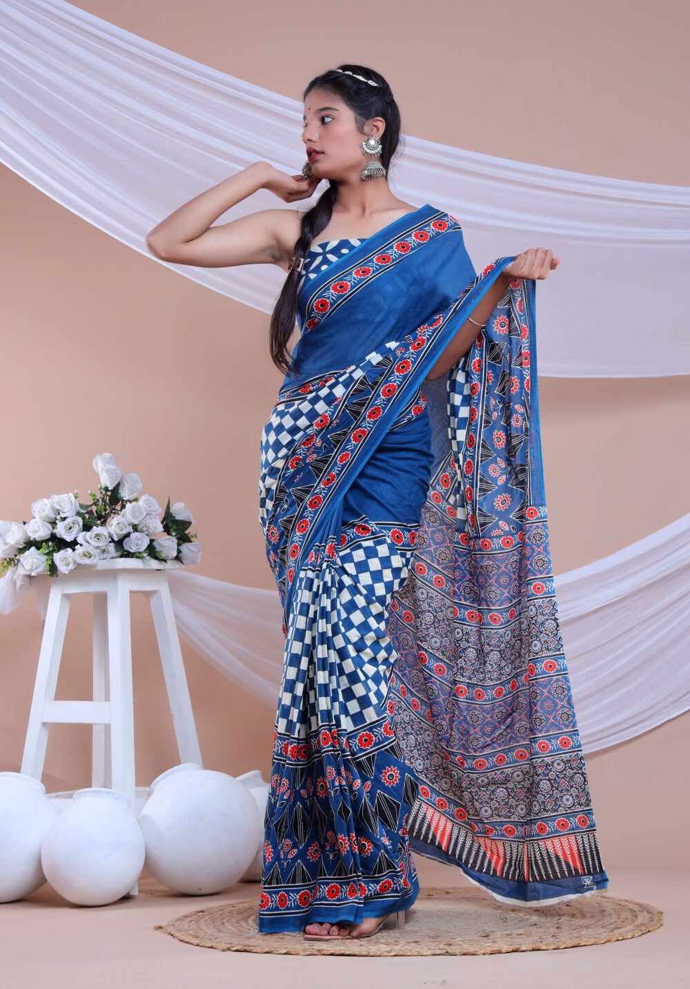 Blue check ajrakh -Printed pure cotton Mulmul saree with blouse